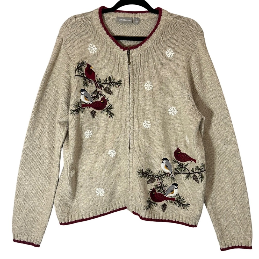Croft‎ & Barrow Sz PL Cardigan Sweater Tan Birds Embroidered Full Zip Cardinals